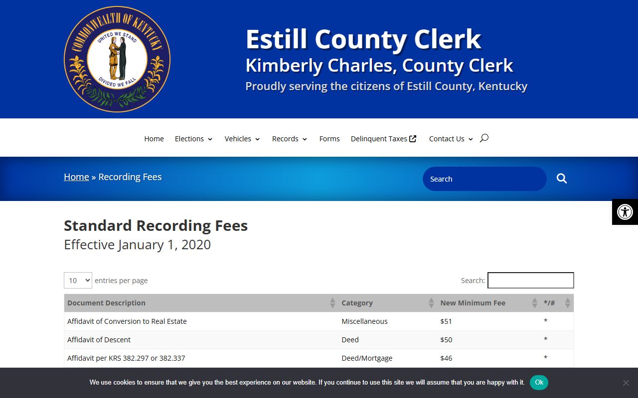 Estill County Circuit Court Clerk page showing County Clerk recording fee distinction