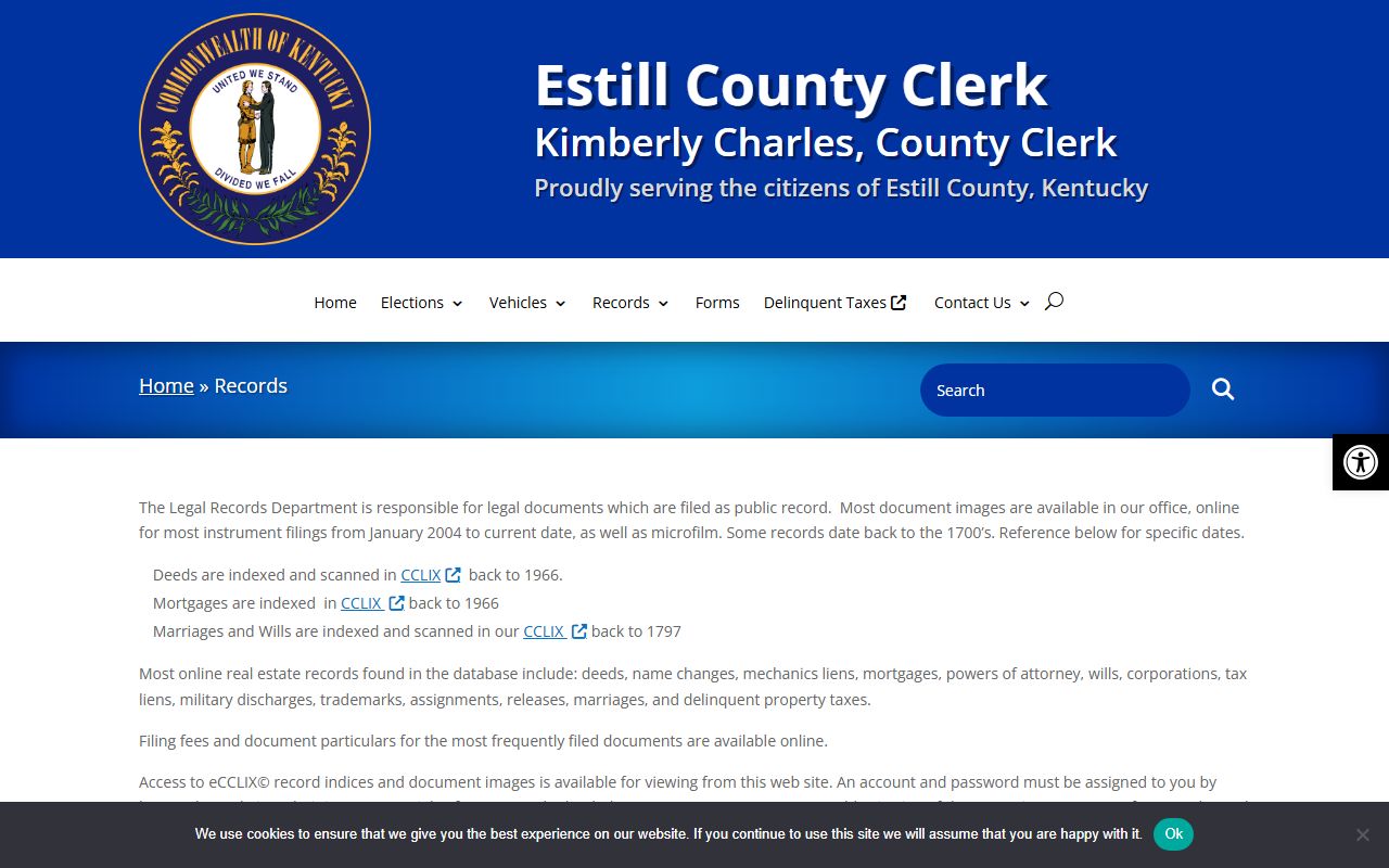 Estill County Clerk records for marriages wills and legal records