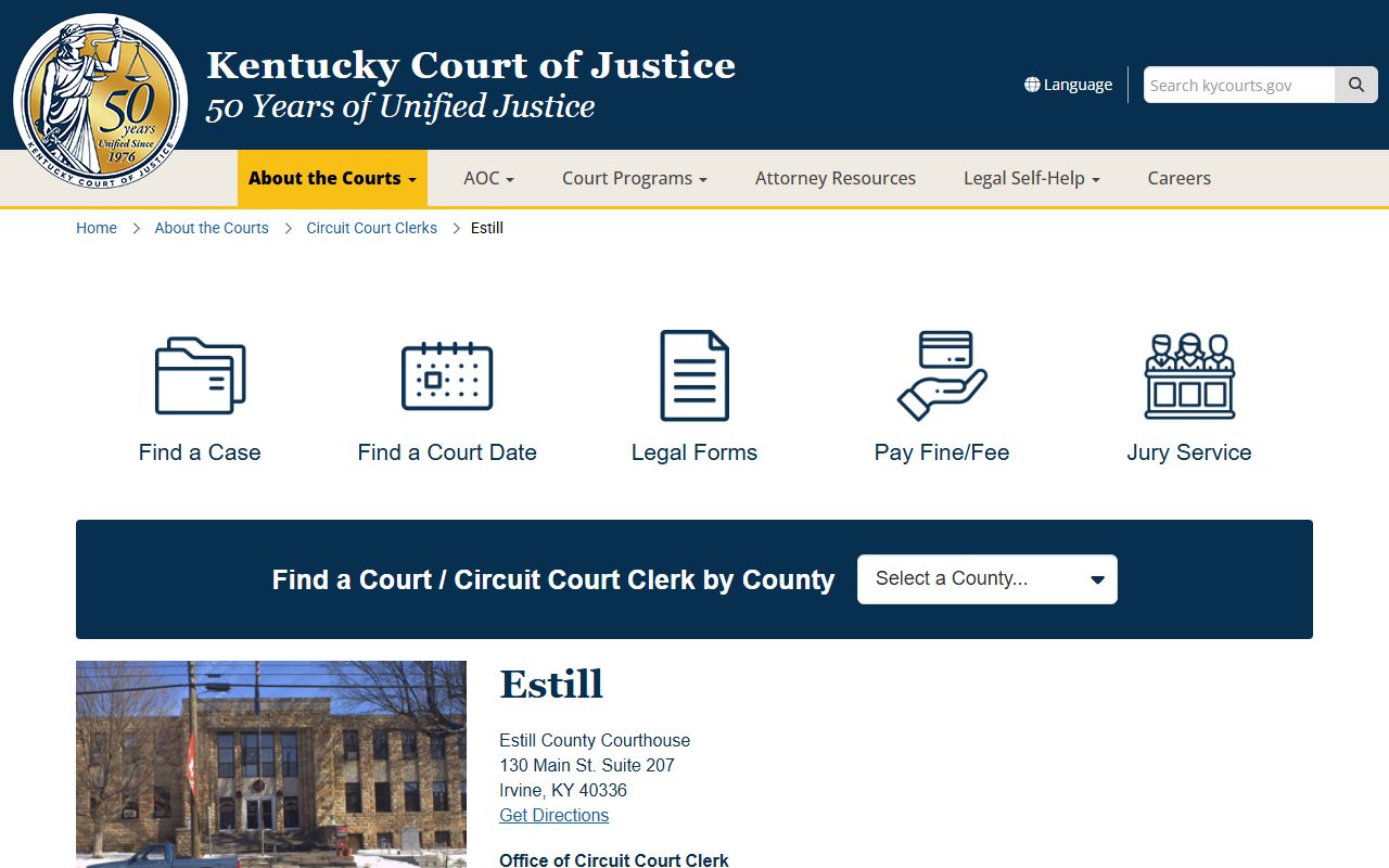 Estill County Court records page from Kentucky Court of Justice