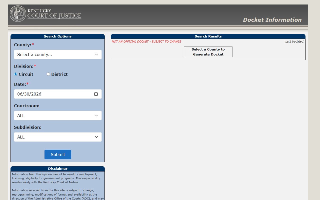 Estill County court docket search fields in Kentucky docket portal