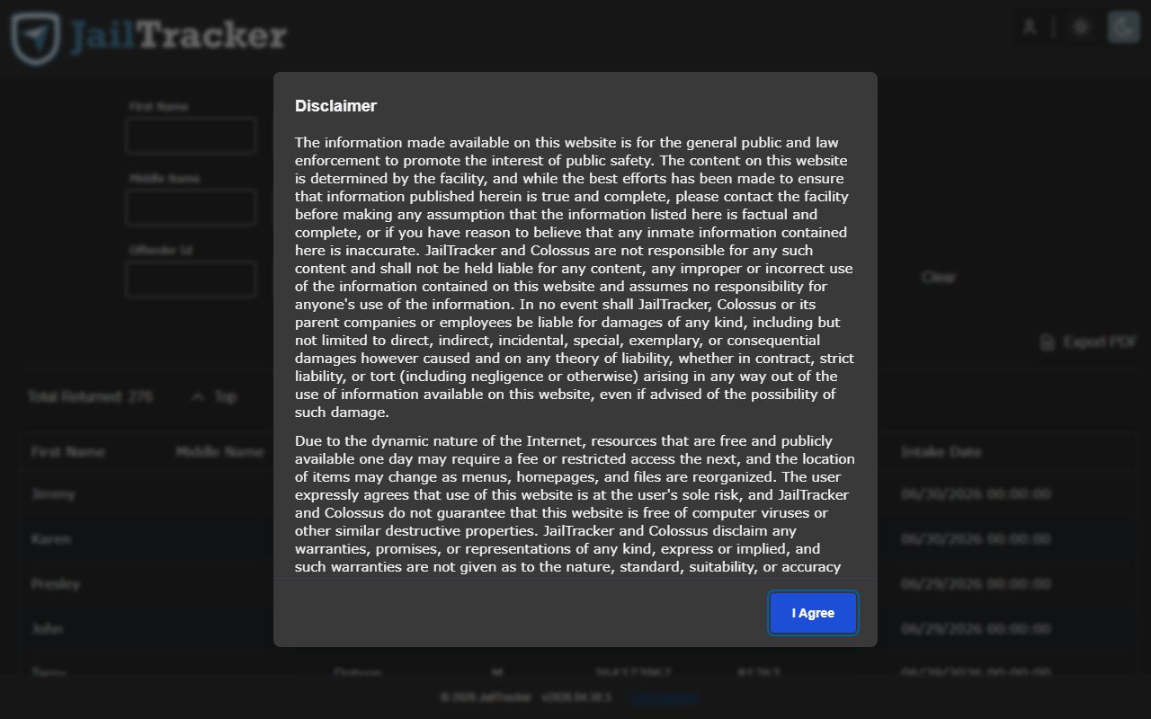 JailTracker Public Roster interface for Three Forks Regional KY