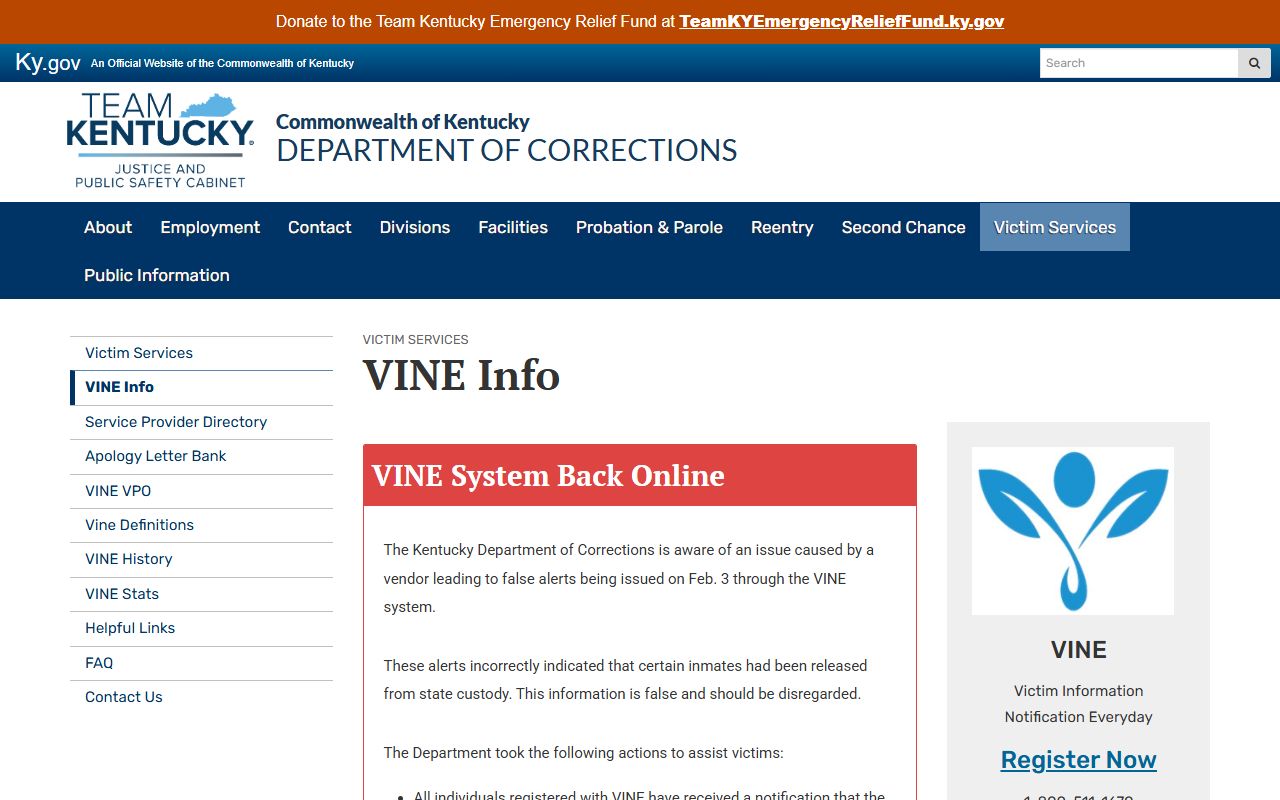 Kentucky Department of Corrections VINE information page