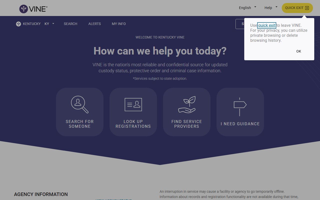Kentucky VINE public custody and case notification portal
